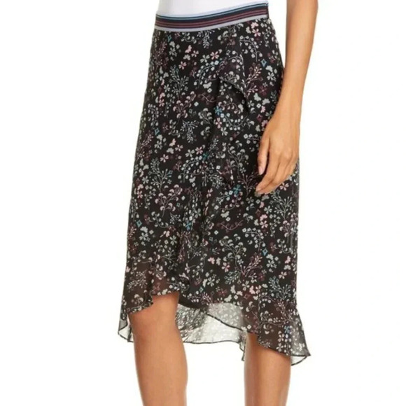 Ted Baker Skirt Kassiia Midi Faux Wrap Ruffled Floral Print Black Size 8 - 10 - Picture 1 of 12